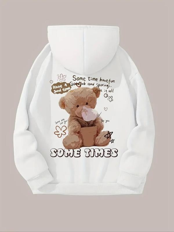 Women's Cartoon Bear & Letter Print Drawstring Hoodie, Fashion Casual Pocket Hooded Sweatshirt for Daily Holiday Outdoor...
