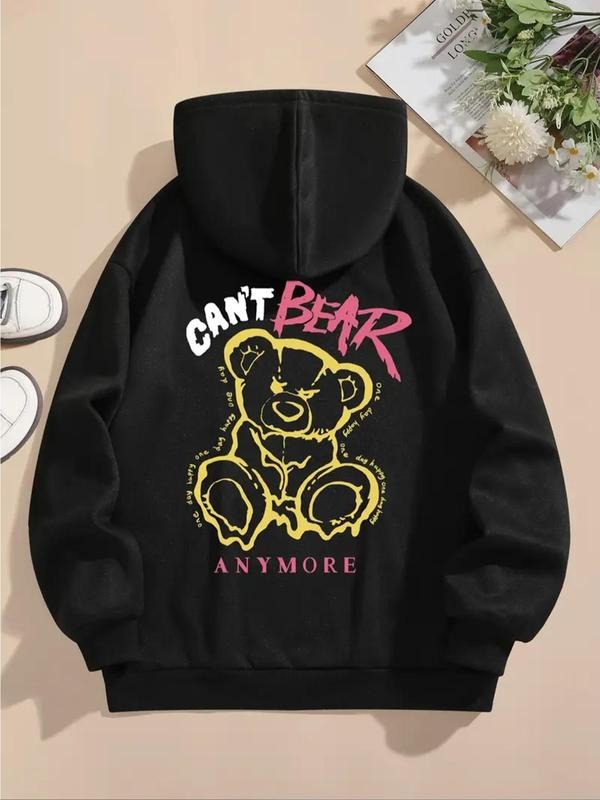 Women's Cartoon Bear & Letter Print Drop Shoulder Hoodie, Fashion Casual Drawstring Pocket Hooded Sweatshirt for Daily...