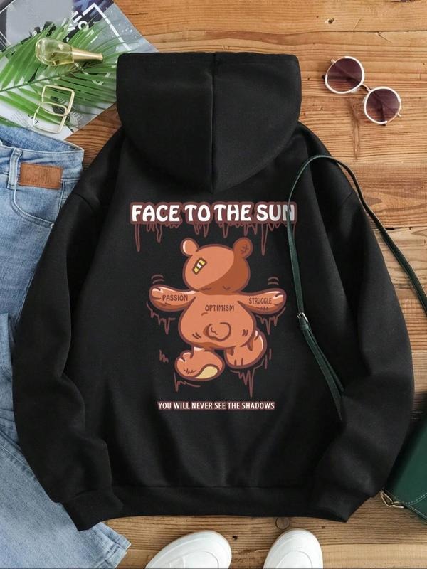 Women's Cartoon Bear & Letter Print Drop Shoulder Hoodie, Fashion Casual Drawstring Pocket Hooded Sweatshirt for Daily...