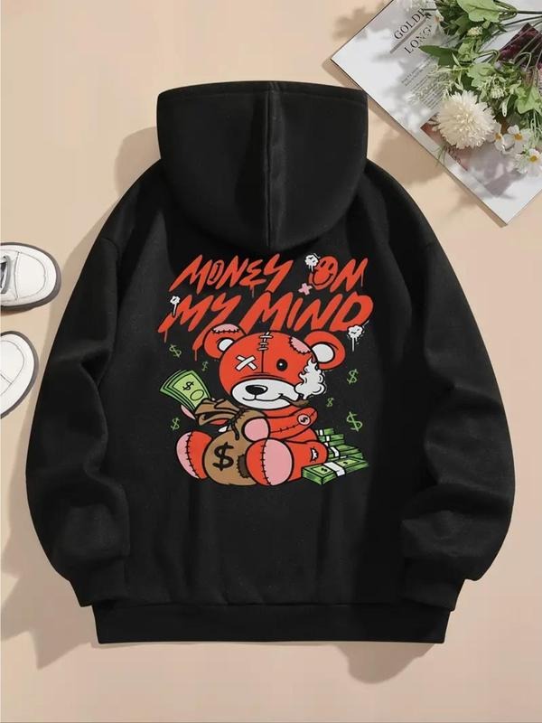 Women's Cartoon Bear & Letter Print Drop Shoulder Hoodie, Fashion Casual Drawstring Pocket Hooded Sweatshirt for Daily...