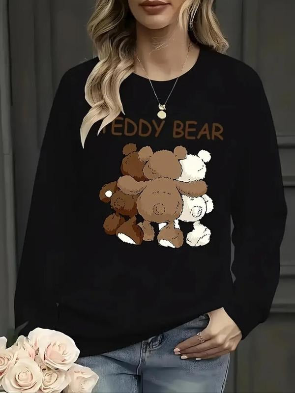 Women's Cartoon Bear & Letter Print Drop Shoulder Sweatshirt, Casual Long Sleeve Round Neck Pullover for Fall & Winter,...