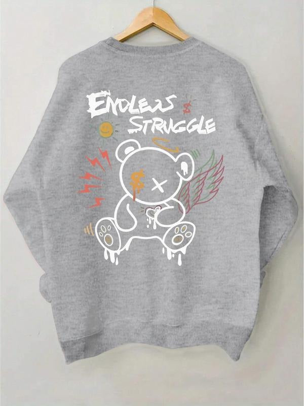 Women's Cartoon Bear & Letter Print Drop Shoulder Sweatshirt, Casual Long Sleeve Round Neck Pullover for Fall & Winter,...
