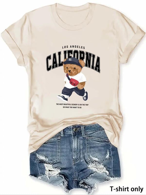 Women's Cartoon Bear & Letter Print Round Neck Graphic Tee, Vintage Trendy Casual Short Sleeve T-shirt for Daily Wear,...
