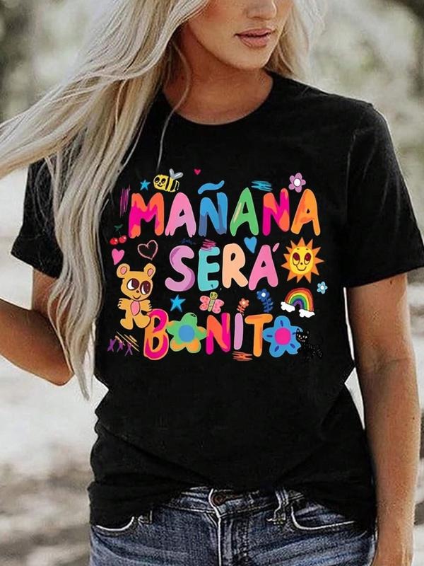 Women's Cartoon Bear & Letter Print Round Neck Tee, Casual Short Sleeve T-shirt,fall Outfits 2024, Womenswear Top,...