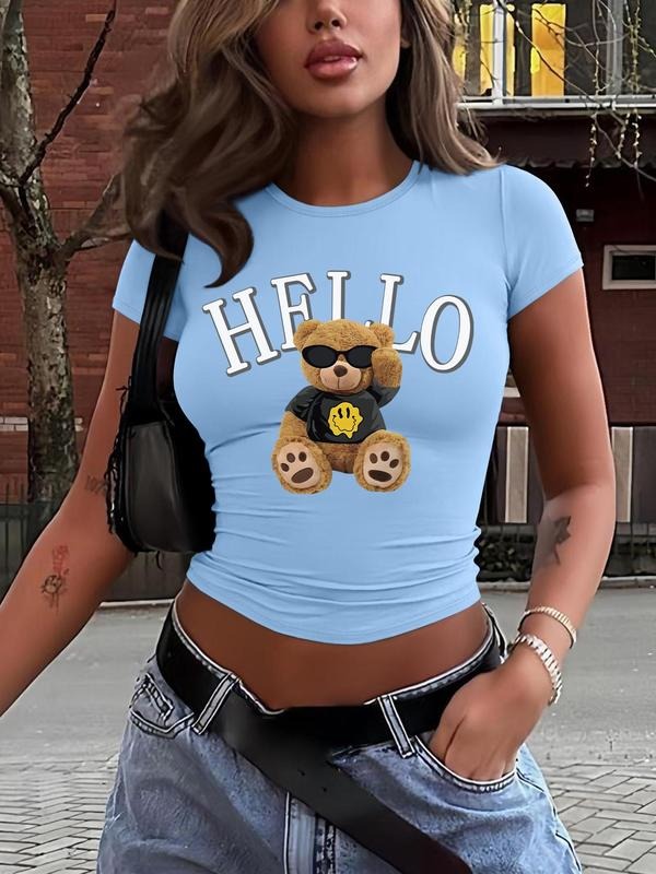 Women's Cartoon Bear & Letter Print Round Neck Tee, Fashion Casual Crew Neck T-shirt for Daily Holiday Vacation Outdoor...
