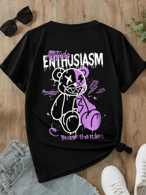 Women's Cartoon Bear & Letter Print Round Neck Tee, Fashion Casual Short Sleeve T-shirt for Daily Wear, Ladies Summer...