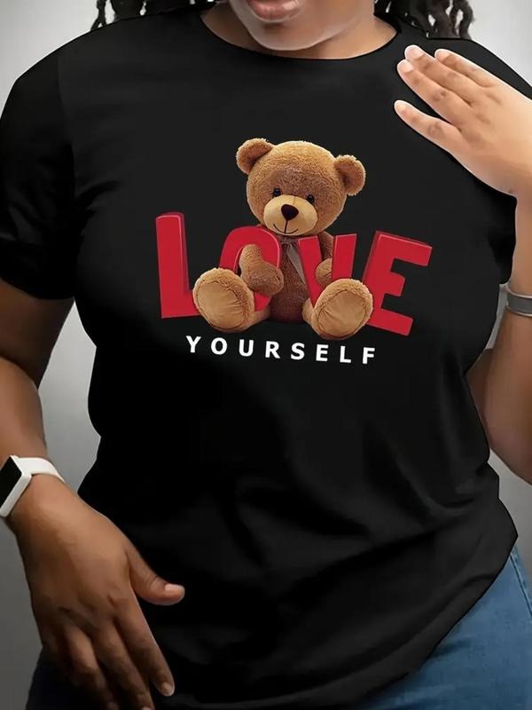Women's Cartoon Bear & Letter Print Round Neck Tee, Fashion Crew Neck Short Sleeve T-Shirt, Ladies Summer Clothes Hoodie,...