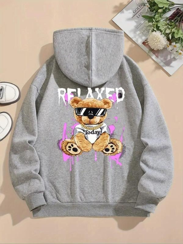 Women's Cartoon Bear & Letter Print Thermal Lined Hoodie, Fashion Casual Drawstring Pocket Hooded Sweatshirt for Daily...