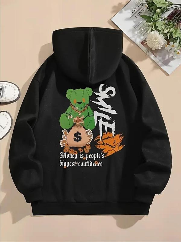 Women's Cartoon Bear & Money Print Thermal Lined Hoodie, Fashion Casual Letter Print Hooded Sweatshirt for Daily Holiday...
