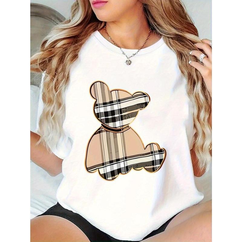 Women's Cartoon Bear & Plaid Graphic Cotton T-Shirt