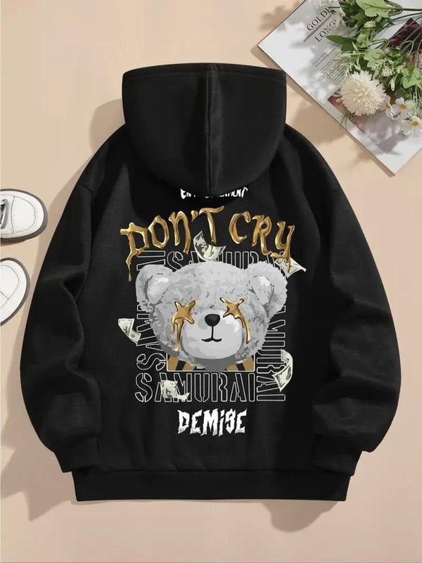 Women's Cartoon Bear Graphic Print Drawstring Pocket Hoodie, Casual Drop Shoulder Long Sleeve Hooded Sweatshirt, Lady...