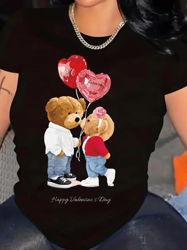Women's Cartoon Bear Graphic Print Round Neck Tee, Fashion Casual Short Sleeve T-shirt for Daily Wear, Ladies Summer...