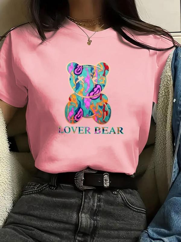 Women's Cartoon Bear Graphic Print Round Neck Tee, Fashion Casual Short Sleeve T-shirt, Ladies Summer Clothes for Daily...