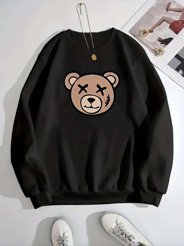 Women's Cartoon Bear Print Crew Neck Sweatshirt, Casual Long Sleeve Pullover for Fall & Winter, Women's Clothes for Daily...