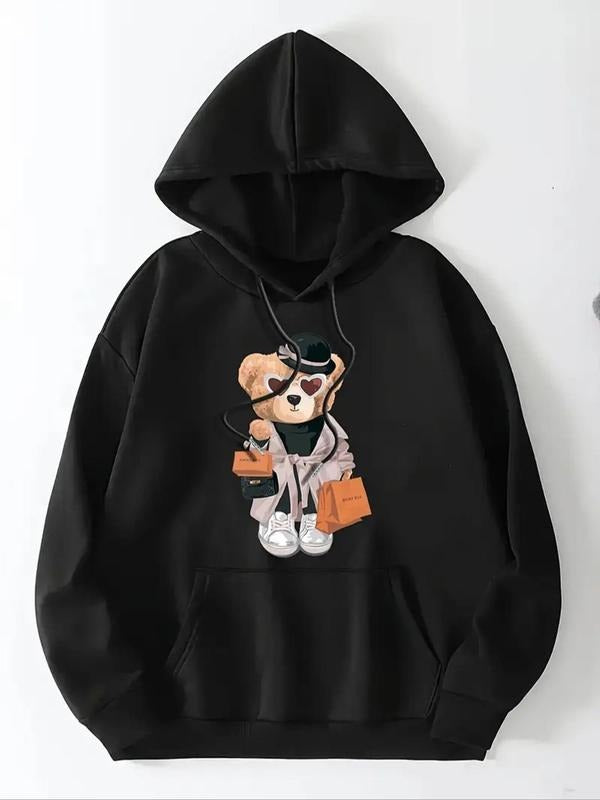 Women's Cartoon Bear Print Drawstring Pocket Hoodie, Casual Long Sleeve Hooded Sweatshirt for Fall & Winter, Women's...