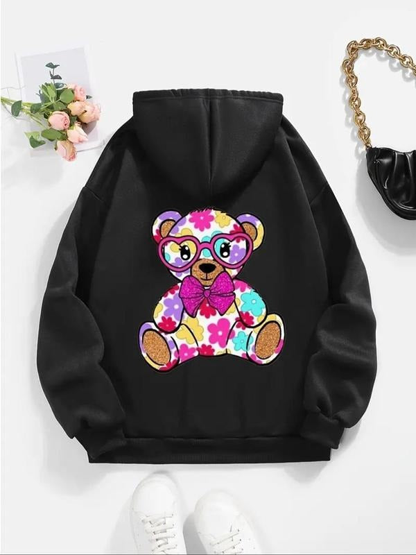 Women's Cartoon Bear Print Drawstring Pocket Thermal Lined Hoodie, Casual Long Sleeve Hooded Sweatshirt for Fall &...