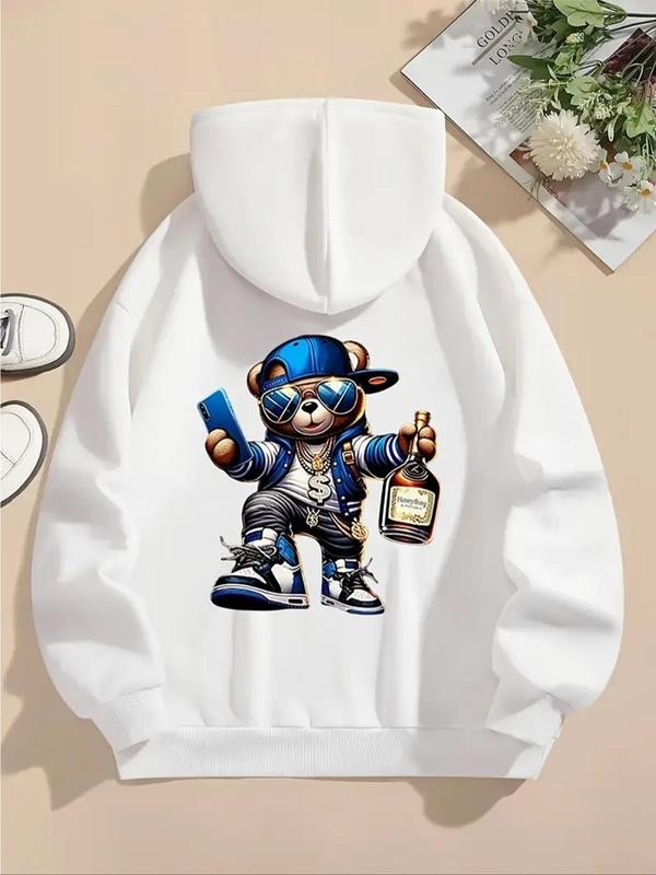 Women's Cartoon Bear Print Drop Shoulder Drawstring Hoodie, Fashion Casual Kangaroo Pocket Hooded Sweatshirt for Daily...