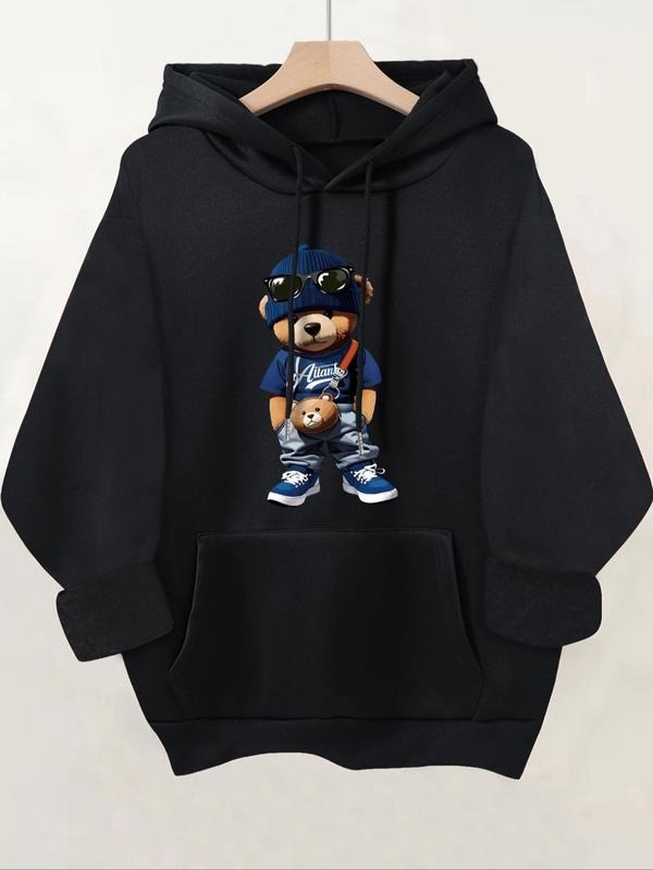 Women's Cartoon Bear Print Drop Shoulder Drawstring Hoodie, Fashion Casual Pocket Hooded Sweatshirt for Daily Holiday...