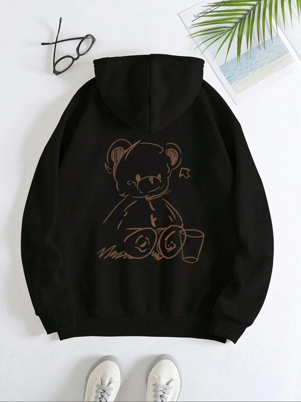Women's Cartoon Bear Print Drop Shoulder Hoodie, Fashion Casual Drawstring Pocket Hooded Sweatshirt for Daily Holiday...