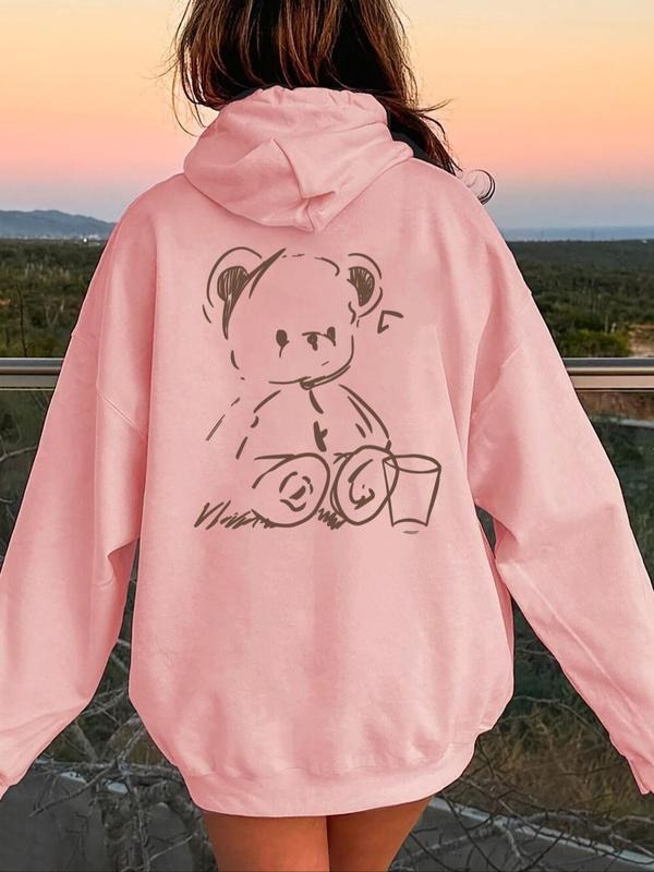 Women's Cartoon Bear Print Drop Shoulder Hoodie, Fashion Casual Drawstring Pocket Hooded Sweatshirt for Daily Outdoor...
