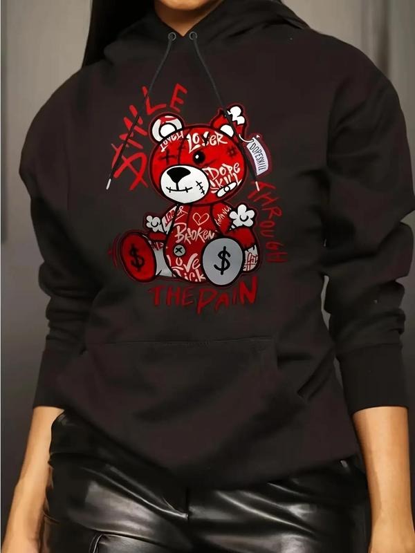 Women's Cartoon Bear Print Drop Shoulder Long Sleeve Hoodie, Fashion Casual Grommet Eyelet Pocket Drawstring Hooded...