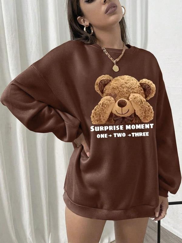 Women's Cartoon Bear Print Drop Shoulder Pullover, Casual Fashion Round Neck Sweatshirt for Daily Holiday Outdoor Wear,...