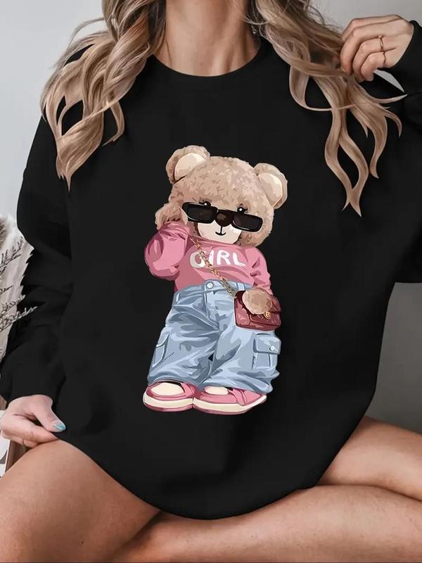 Women's Cartoon Bear Print Drop Shoulder Sweatshirt, Casual Long Sleeve Round Neck Pullover for Fall & Winter, Ladies...