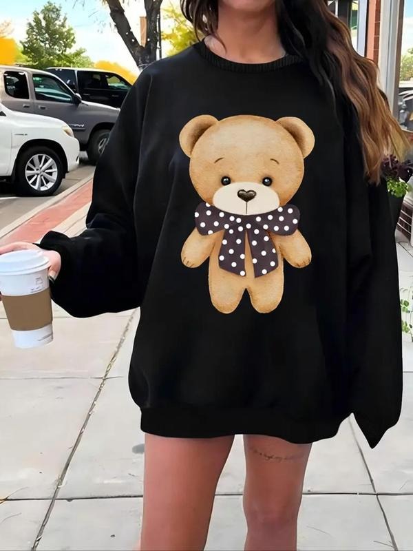 Women's Cartoon Bear Print Drop Shoulder Sweatshirt, Casual Long Sleeve Round Neck Pullover for Fall & Winter, Women's...