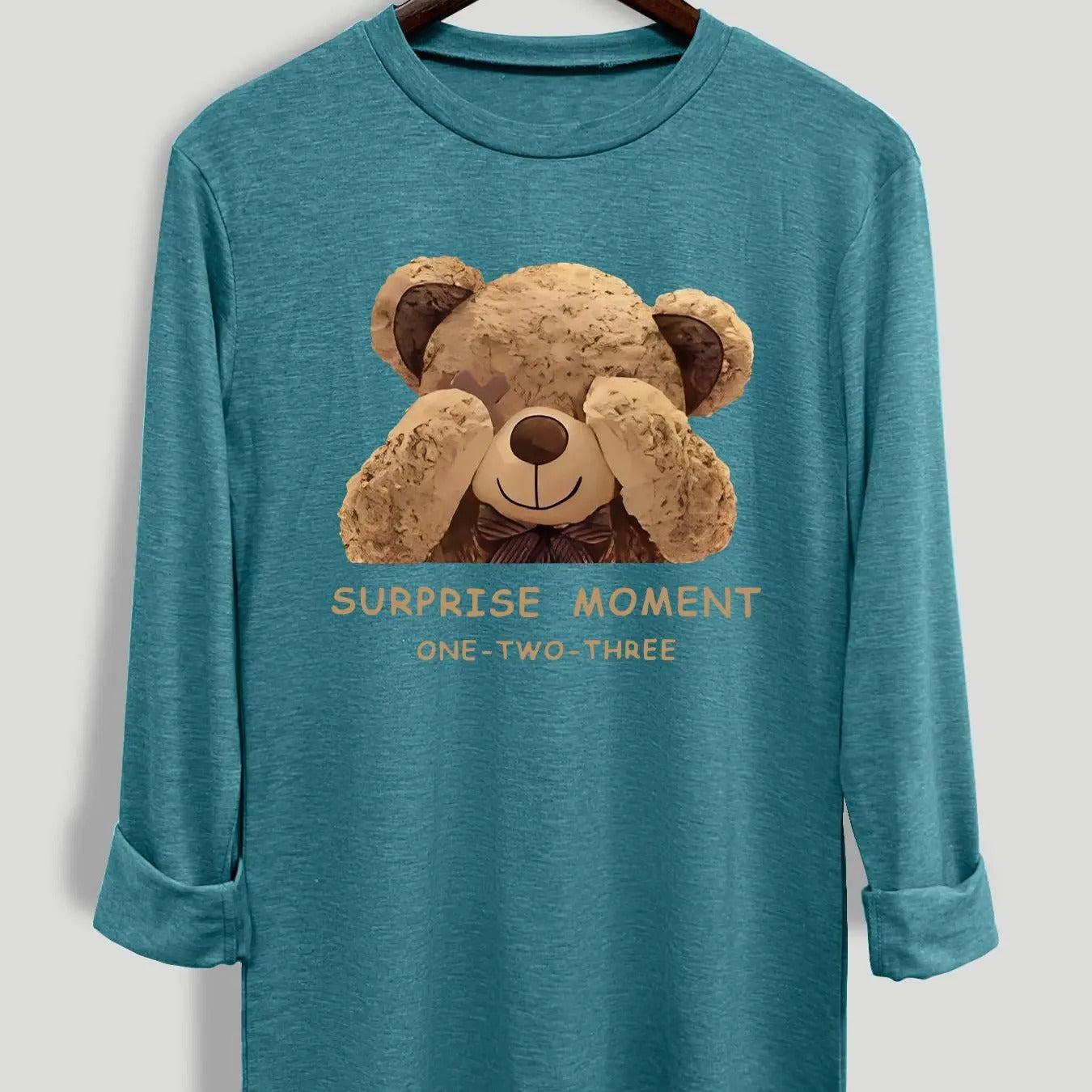 Women's Cartoon Bear Print Round Neck Tee, Casual Long Sleeve Crew Neck T-shirt for Fall & Winter, Women's Clothes for...