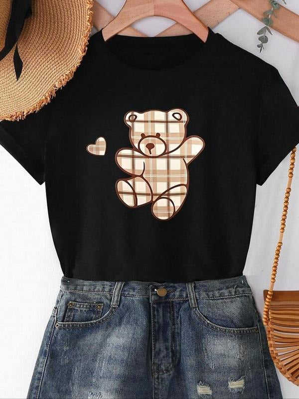 Women's Cartoon Bear Print Round Neck Tee, Casual Short Sleeve Crew Neck T-Shirt for Summer, Fashion Women's Top for...