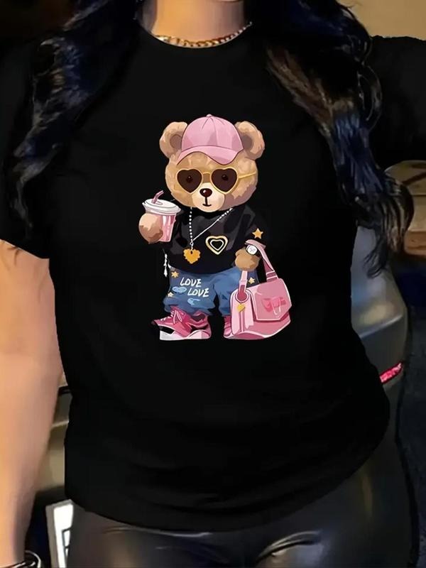 Women's Cartoon Bear Print Round Neck Tee, Fashion Casual Crew Neck Short Sleeve T-Shirt for Daily Holiday Vacation...