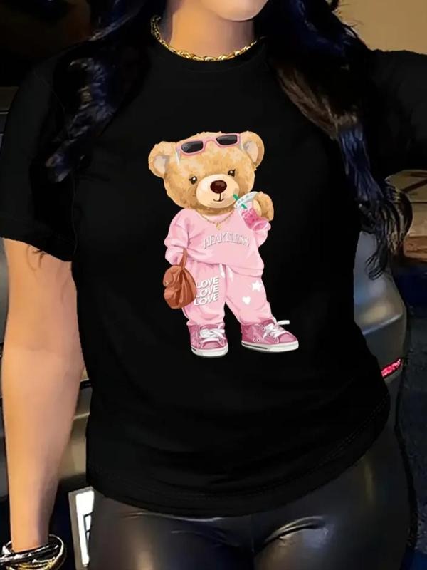 Women's Cartoon Bear Print Round Neck Tee, Fashion Casual Crew Neck T-Shirt for Daily Holiday Vacation Outdoor Wear,...