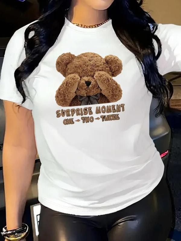 Women's Cartoon Bear Print Round Neck Tee, Fashion Casual Crew Neck T-Shirt for Daily Holiday Vacation Outdoor Wear,...