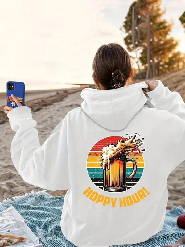 Women's Cartoon Beer & Letter Print Hoodie, Casual Kangaroo Pocket Long Sleeve Hooded Sweatshirt for Fall & Winter,...