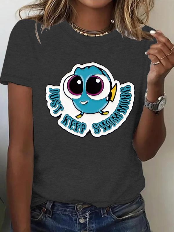 Women's Cartoon Bird Print Round Neck Graphic Tee, Vintage Trendy Casual Short Sleeve T-shirt for Daily Wear, Ladies...