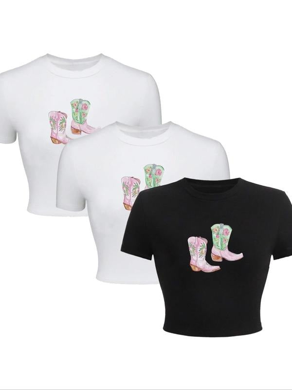 Women's Cartoon Boots Print Round Neck Crop Tee, Fashion Crew Neck T-Shirt for Daily Outdoor Wear, Casual Ladies Clothes...