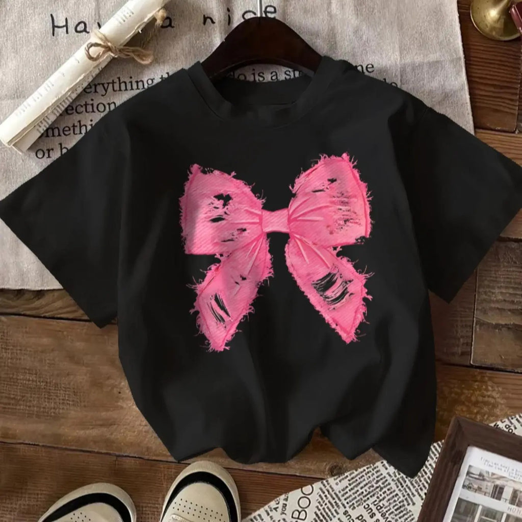 Women's Cartoon Bow Print Round Neck Tee, Fashion Casual Crew Neck Short Sleeve T-shirt for Daily Outdoor Wear, Women's...