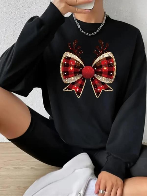 Women's Cartoon Bowknot Print Drop Shoulder Pullover, Casual Long Sleeve Round Neck Sweatshirt for Fall & Winter, Women's...