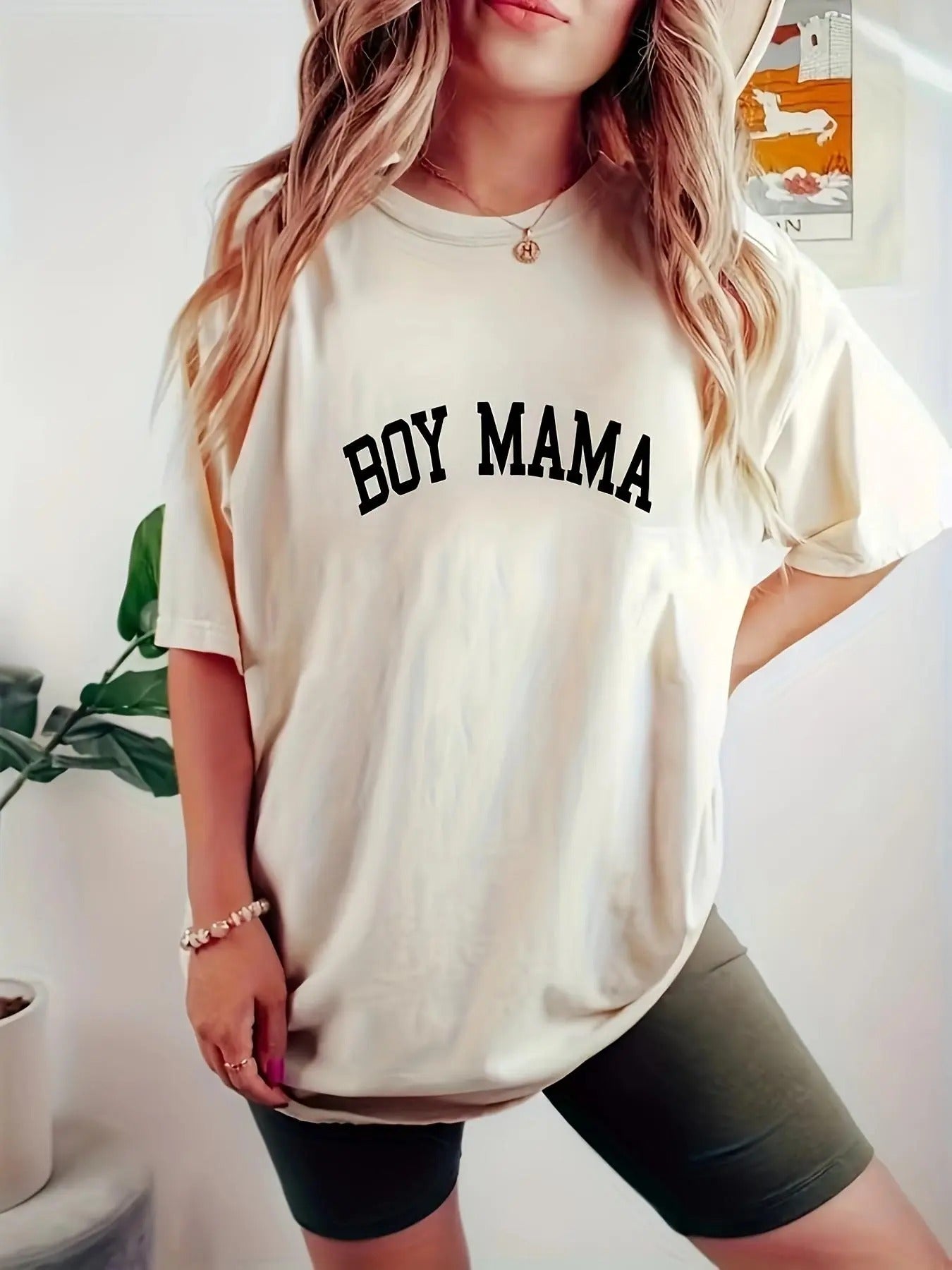 Women's Cartoon Boy Mama Print Round Neck Tee, Fashion Casual Crew Neck T-Shirt for Daily Holiday Vacation Outdoor Wear,...