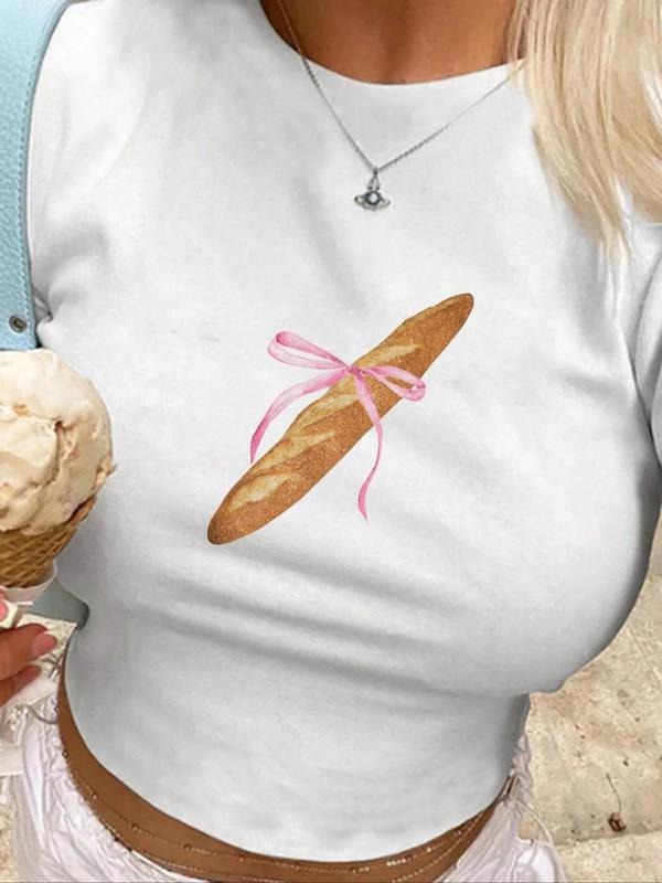 Women's Cartoon Bread Print Round Neck Crop Tee, Fashion Crew Neck Short Sleeve T-Shirt, Ladies Summer Clothes Hoodie,...