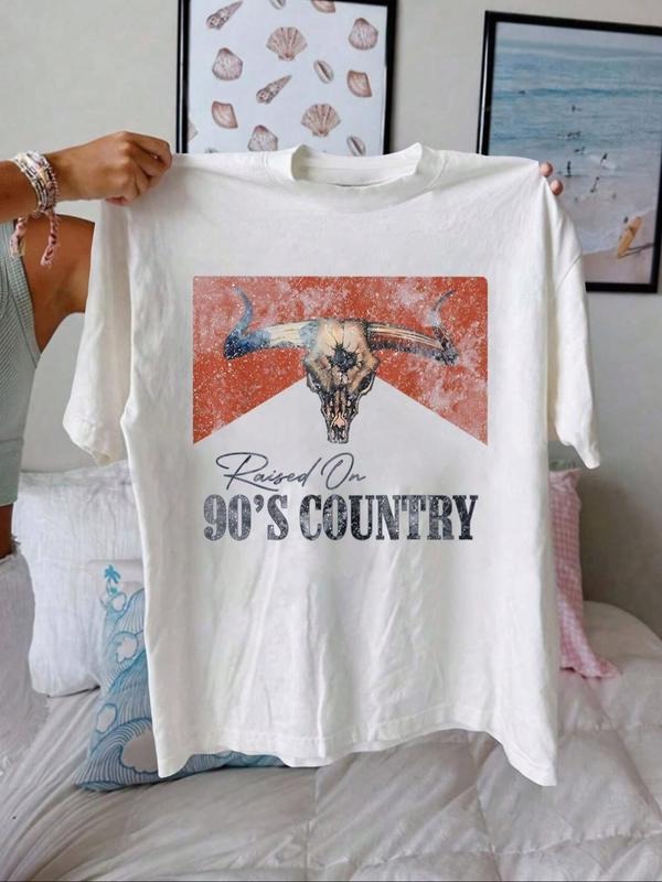 Women's Cartoon Bull Head & Letter Print Round Neck Tee, Vintage Trendy Casual Short Sleeve T-shirt for Daily Wear,...
