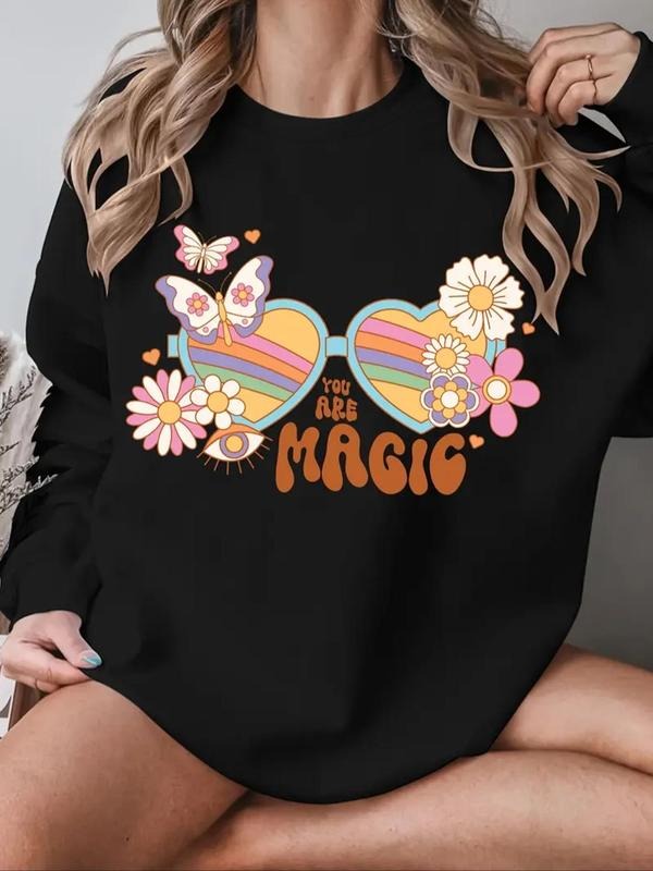 Women's Cartoon Butterfly & Heart Print Drop Shoulder Sweatshirt, Casual Long Sleeve Round Neck Pullover for Fall &...