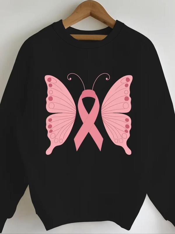 Women's Cartoon Butterfly & Ribbon Print Drop Shoulder Sweatshirt, Casual Long Sleeve Round Neck Pullover for Fall &...