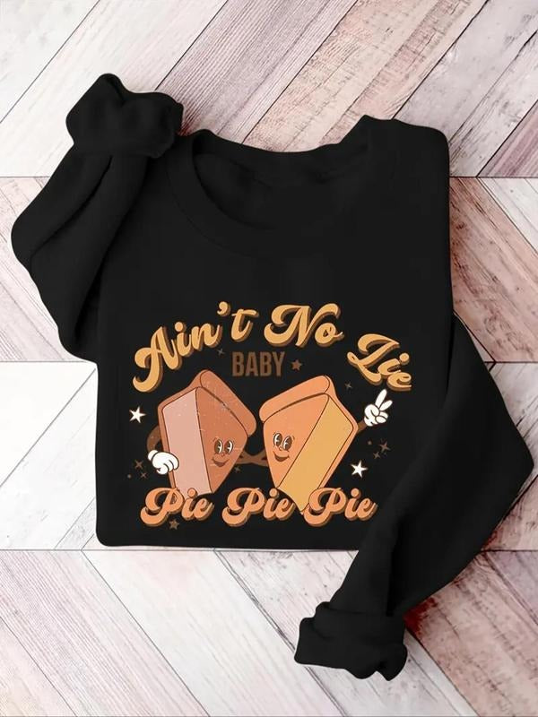 Women's Cartoon Cake & Letter Print Drop Shoulder Thermal Lined Sweatshirt, Casual Long Sleeve Round Neck Pullover for...