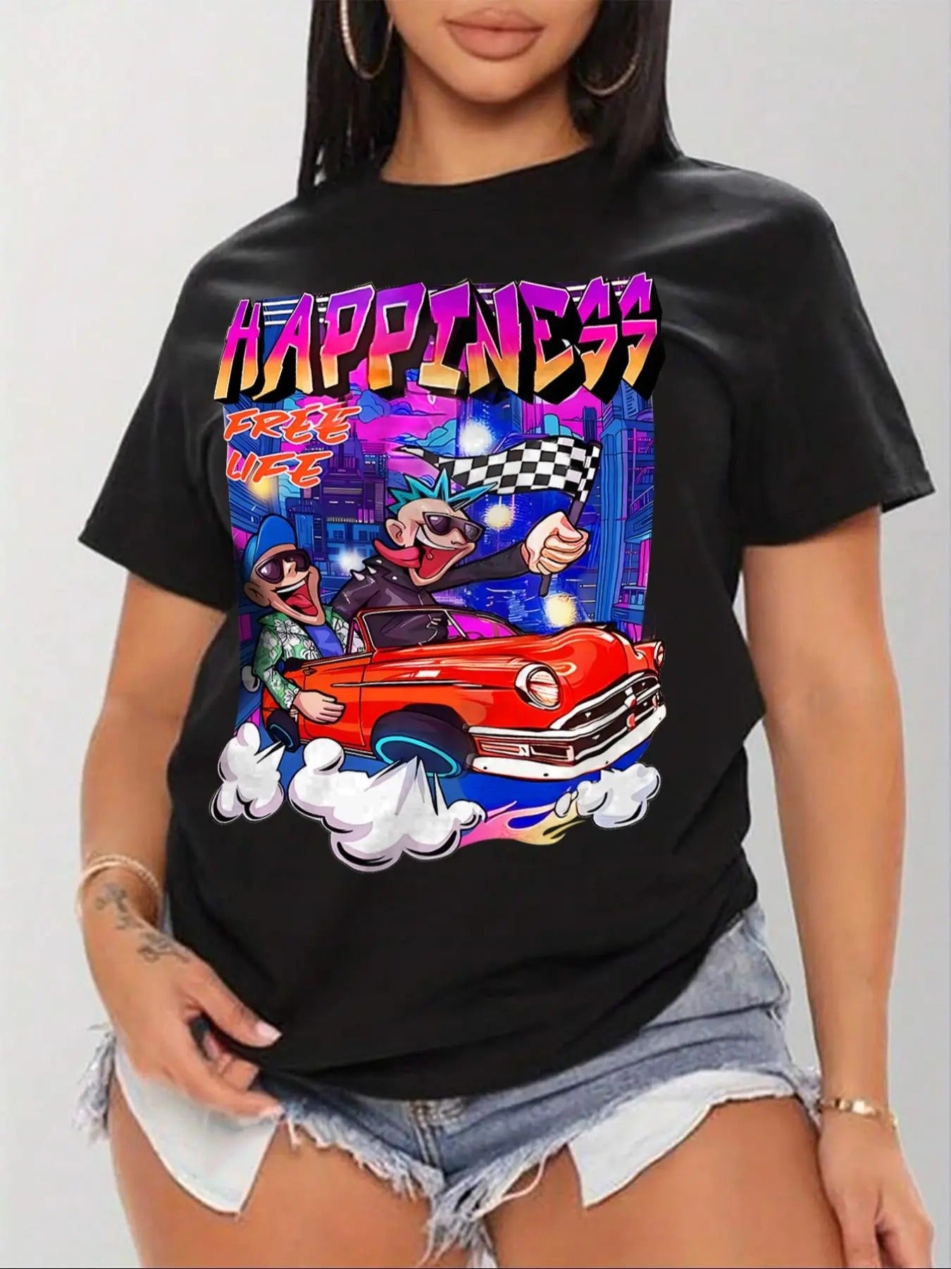Women's Cartoon Car & Figure Print Round Neck Graphic Tee, Vintage Trendy Casual Short Sleeve T-shirt for Daily Wear,...