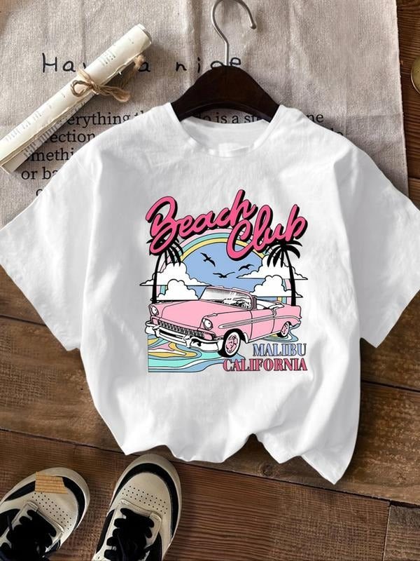 Women's Cartoon Car & Letter Print Round Neck Tee, Fashion Casual Drop Shoulder Short Sleeve T-Shirt for Summer, Ladies...