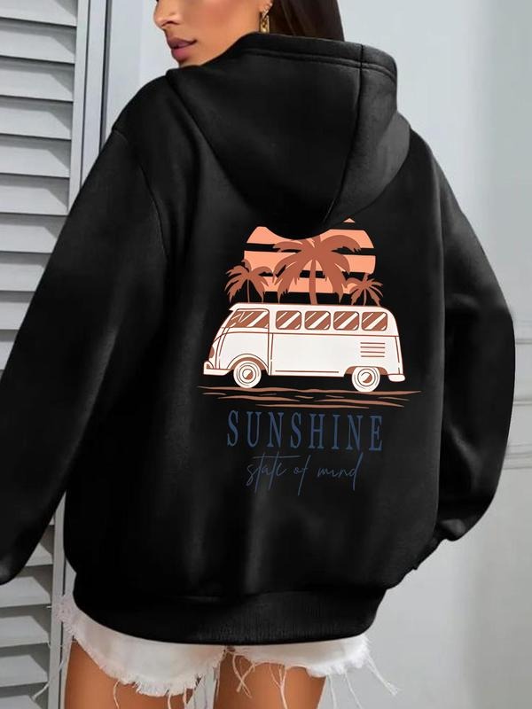 Women's Cartoon Car Graphic Print Drawstring Pocket Hoodie, Casual Drop Shoulder Long Sleeve Hooded Sweatshirt, Lady Fall...