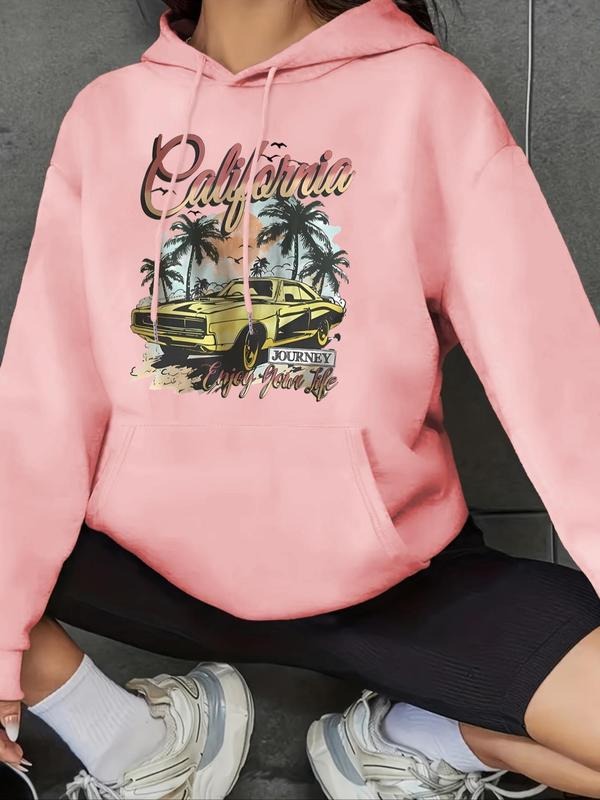 Women's Cartoon Car Graphic Print Drawstring Pocket Hoodie, Casual Drop Shoulder Long Sleeve Hooded Sweatshirt, Lady Fall...