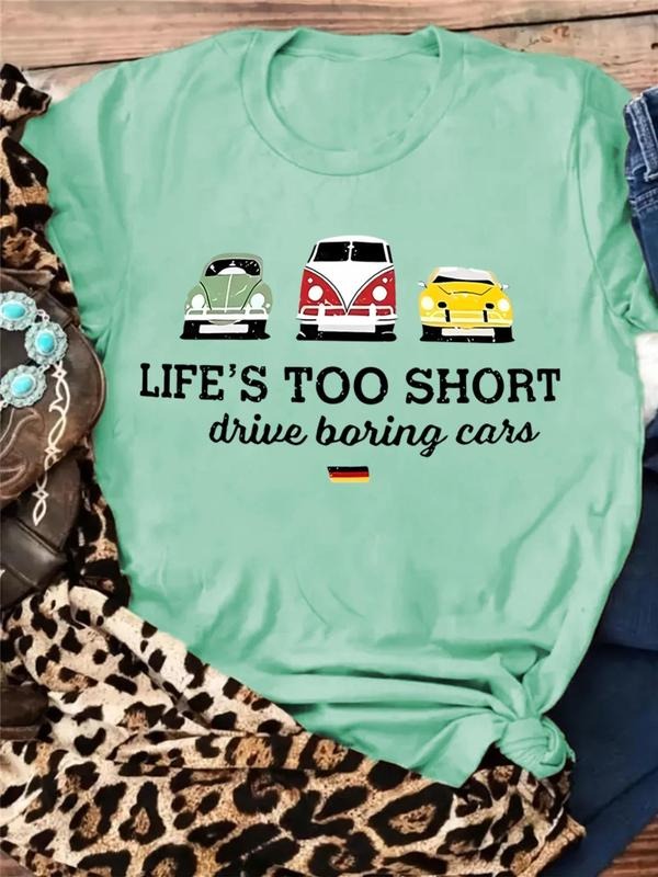 Women's Cartoon Car Graphic Print Round Neck Tee, Fashion Casual Short Sleeve T-shirt, Ladies Summer Clothes for Daily...