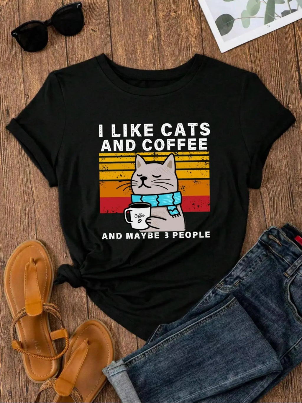 Women's Cartoon Cat & "I LIKE CAT AND COFFEE" Letter Print Round Neck Graphic Tee, Vintage Trendy Casual Short Sleeve...
